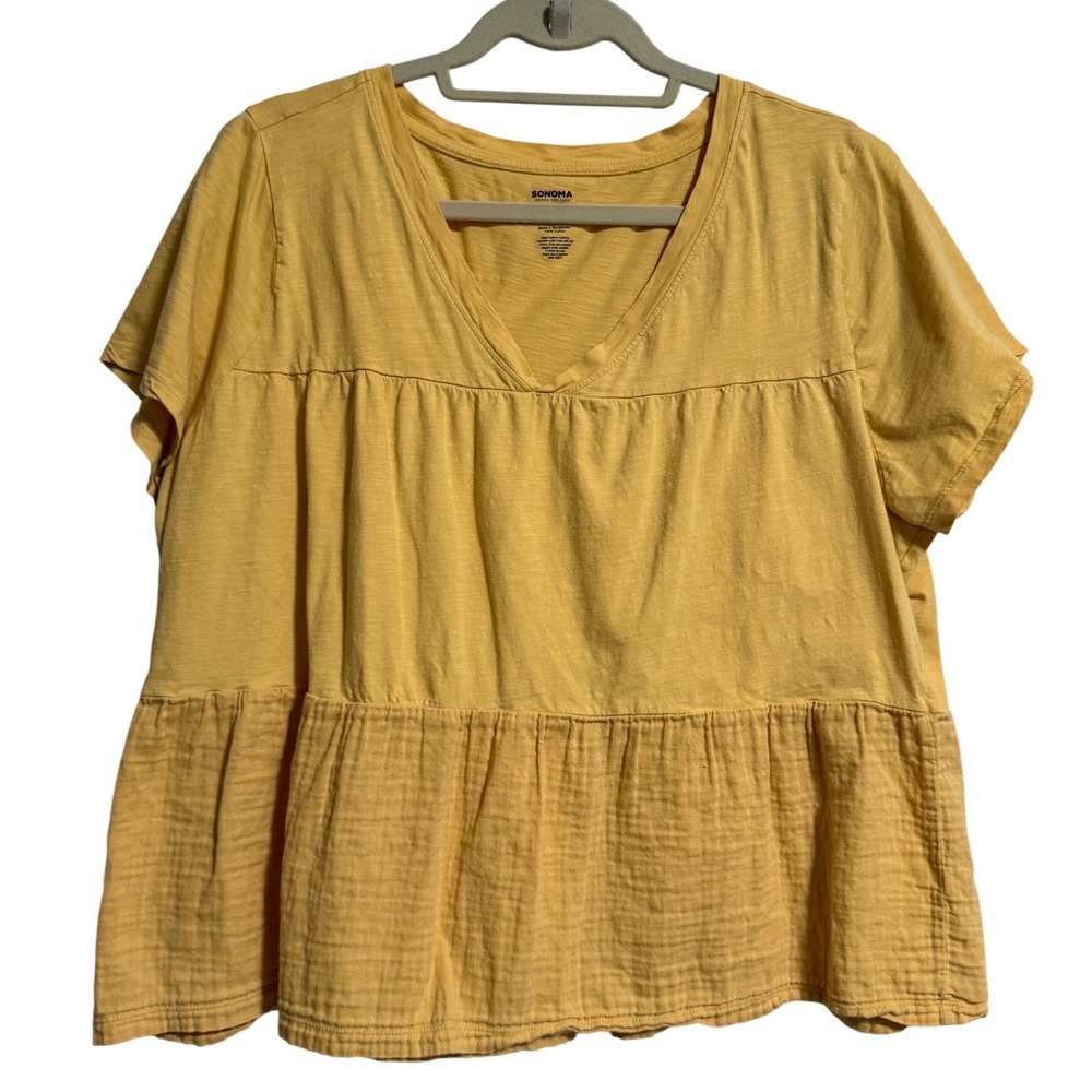 Sonoma Goods For Life Womens XXL Yellow Tiered Babydoll V-Neck Cotton Top